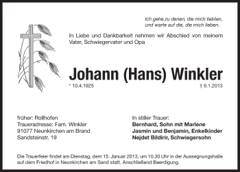 Traueranzeige von Johann Winkler von Pegnitz-Zeitung